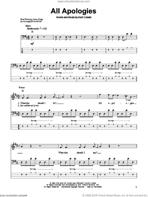 Nirvana - All Apologies sheet music for bass (tablature) (bass guitar ...