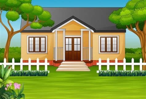 Cartoon house with green yard and wooden fence