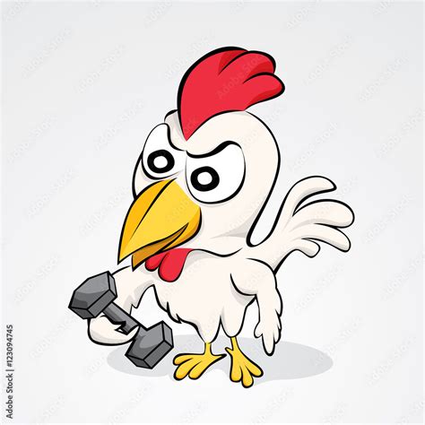 Cartoon chicken taking dumbbell. Vector illustration of funny chicken ...