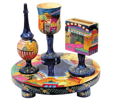 Yair Emanuel Hand Painted 4-Piece Wood Havdalah Set - Jerusalem | aJudaica.com