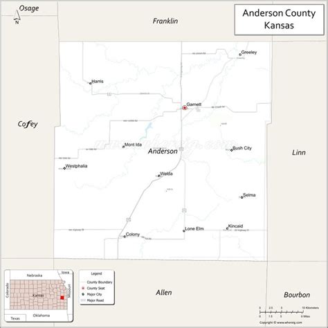 a map of the state of anderson county, kansas with all towns and roads ...