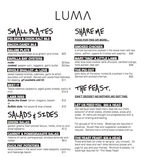 Menu at Luma restaurant, Cambridge