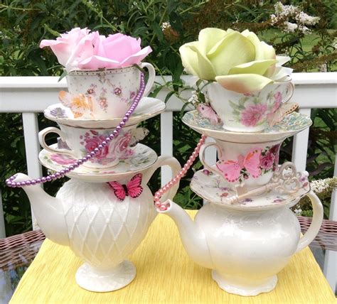 Pair of Two Teapot & Teacup Centerpieces (Pearls, Key, Butterflies, Rose #1) Alice in W… (With ...