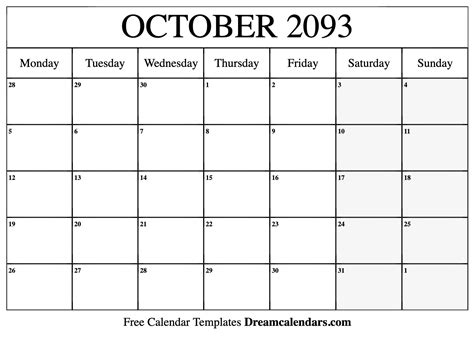 October 2093 Calendar - Free Printable with Holidays and Observances