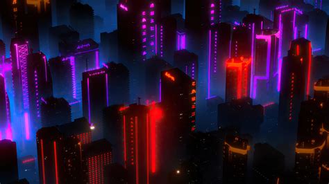 Download wallpaper 1920x1080 neon lights, cityscape, buildings, aerial ...