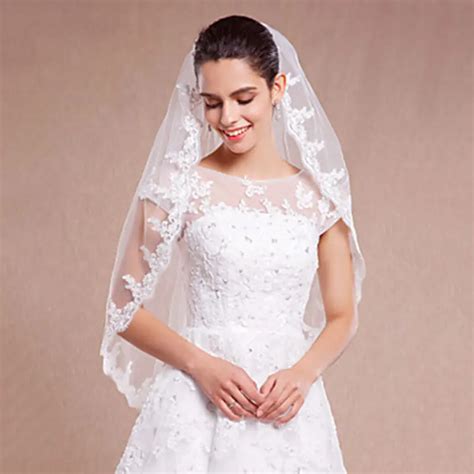 White Ivory Bridal Veil One tier Fingertip Wedding Accessories Veils Lace Applique Edge With ...