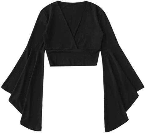 Floerns Women's V Neck Long Bell Sleeve Wrap Blouse Top Tee Shirts | Wrap blouse, Long sleeve ...