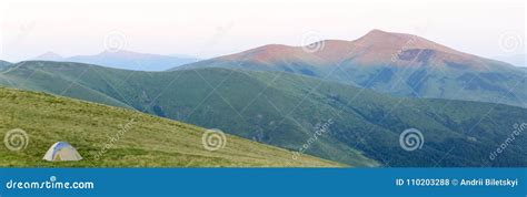 Mountain Panorama with Tourist Tent. Sunrise or Sunset in Mountains ...