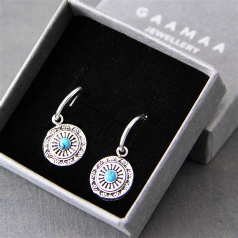 Sterling Silver Stamped Turquoise Hoop Earrings By Gaamaa