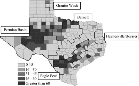 County map of Texas oil spuds with shale plays. | Download Scientific ...