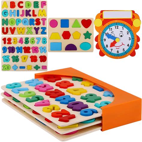 Asher & Olivia 3-Pack Wooden Peg Puzzles w/ Learning Clock for 1-3 Year ...