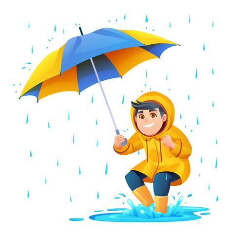 Cheerful boy with umbrella playing puddle in the rain cartoon ...