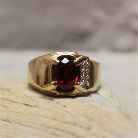 1990's Vintage Mens Garnet Diamond Ring Mens 10K Yellow Gold Diamond ...