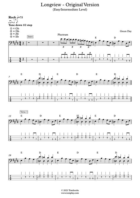 Longview - Original Version (Easy/Intermediate Level) (Green Day) - Bass Tabs