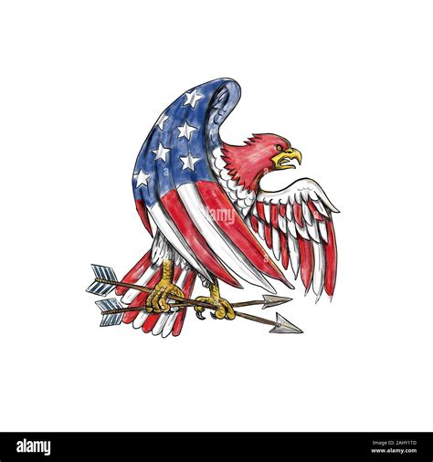 Tattoo style illustration of an American Bald Eagle with USA stars and stripes flag on body and ...