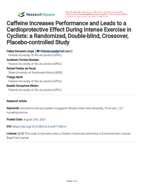 (PDF) Caffeine Increases Performance and Leads to a Cardioprotective Effect During Intense ...