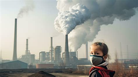 Children wearing masks to prevent air pollution Behind is the factory ...