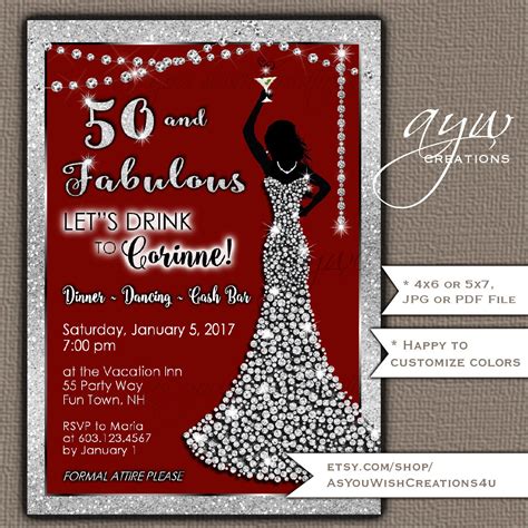 50th Birthday Party Invitations Woman Bling Dress Fifty