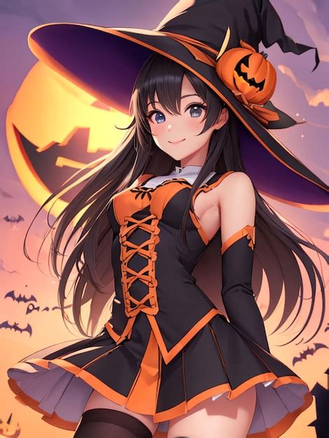 Premium AI Image | Cute witch girl on halloween night anime art for mobile wallpaper