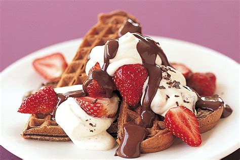 Chocolate waffles with choc-chip cream and chocolate sauce - Recipes - delicious.com.au