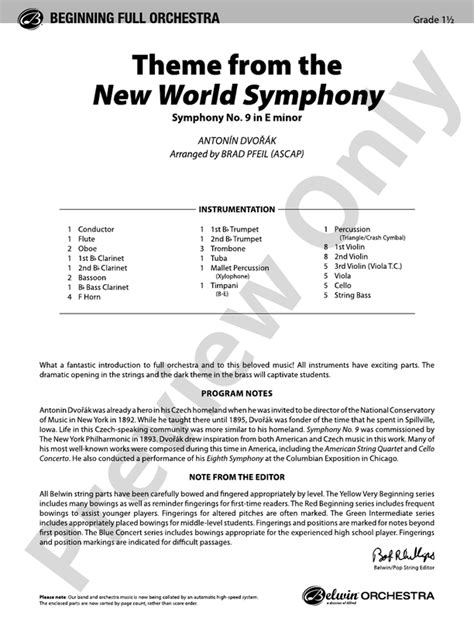 New World Symphony, Theme from the: Full Orchestra Conductor Score & Parts: Antonín Dvorák ...