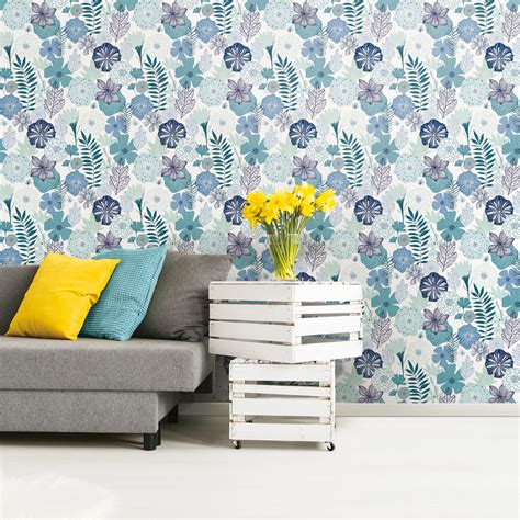 RoomMates Blue Perennial Floral Blooms Peel and Stick Wallpaper ...