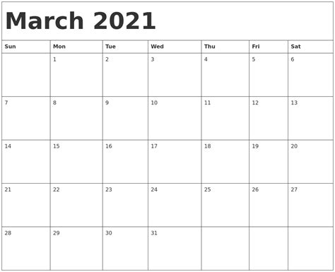 March 2021 Calendar Template