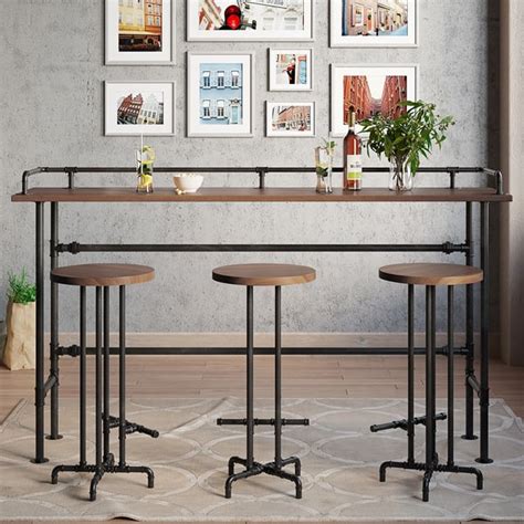 78.7" Industrial Rectangular Wood Bar Height Table with Footrest in ...