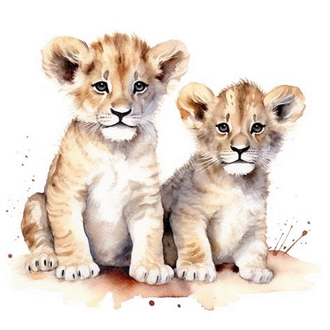 Premium AI Image | A watercolor painting of a lion cub and a lion cub.