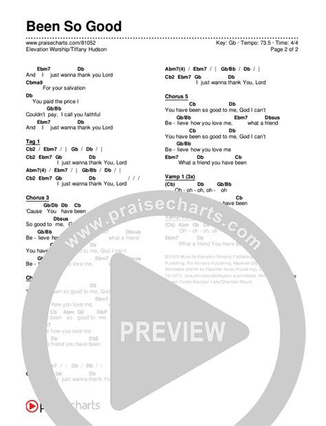 Been So Good Chords PDF (Elevation Worship / Tiffany Hudson) - PraiseCharts