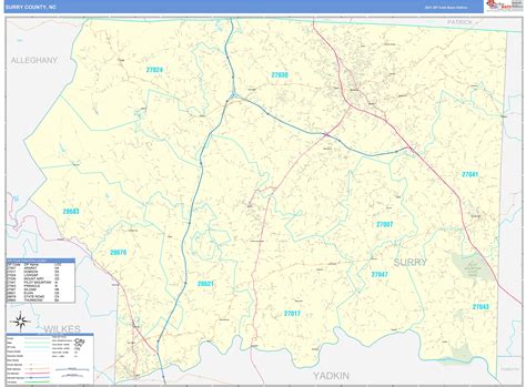 Surry County, NC Zip Code Wall Map Basic Style by MarketMAPS - MapSales