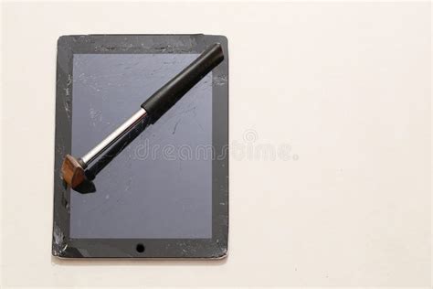 Broken Flat Glass of Tablet and Rusty Hammer Stock Photo - Image of ...