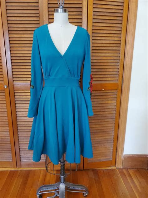 Blue Fit and Flare Dress With Lace Applique Sleeves - Etsy