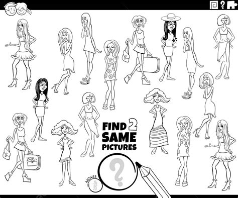 Coloring Book Challenge Spot The Matching Female Comic Characters Vector, Book Drawing, Female ...