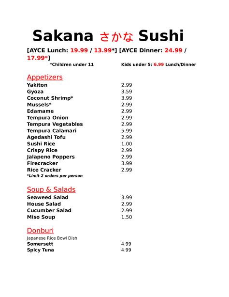 Sakana Sushi Bar and Japanese Restaurant Menu - Urbanspoon/Zomato