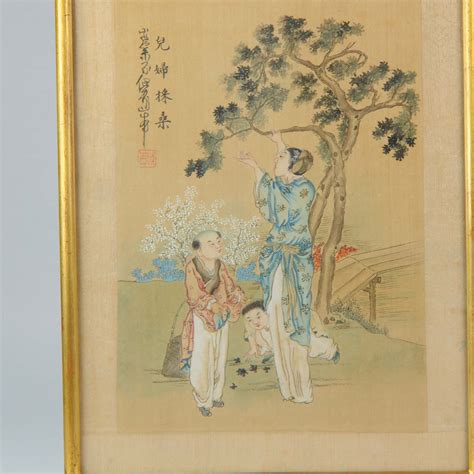 20C Chinese Silk Painting Family Under a Three Playing Antique – Shangrila Antique