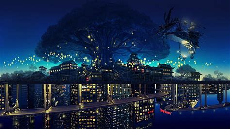 HD wallpaper: city, upside down, tree, fantasy, architecture, illuminated | Wallpaper Flare