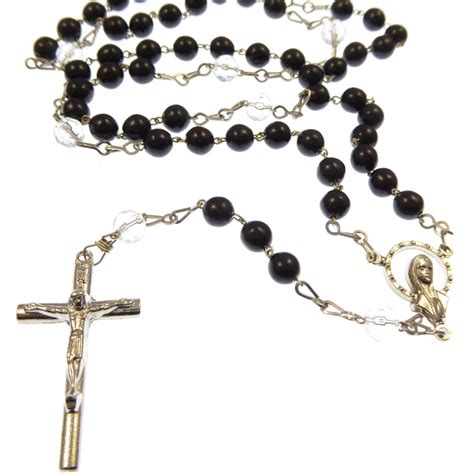 Seven Sorrows rosary beads - black glass and silver plated