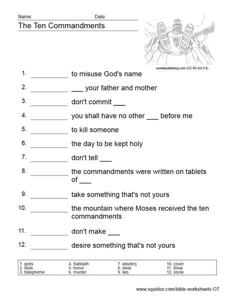 The Ten Commandments Worksheets