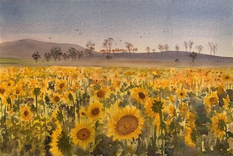 "Sunflower field" by Shelly Du. Paintings for Sale. Bluethumb - Online Art Gallery | Watercolor ...