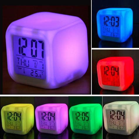 7 Led Colors Change Square Digital Alarm Clock Thermometer Time Day ...