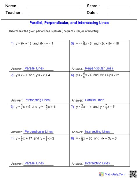 Slopes Of Parallel And Perpendicular Lines Worksheets