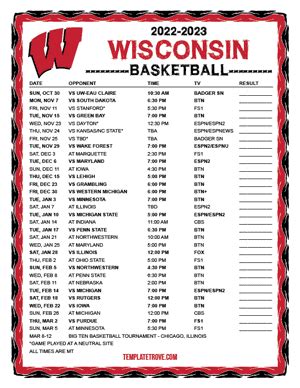 Printable 2022-2023 Wisconsin Badgers Basketball Schedule