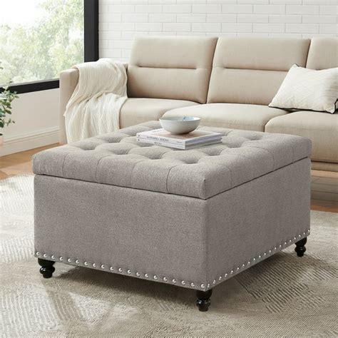 30-inch Square Storage Ottoman Bench, Button-Tufted, Safety Hinge ...