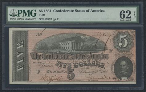 1864 $5 Five Dollars Confederate States of America Richmond CSA Bank ...