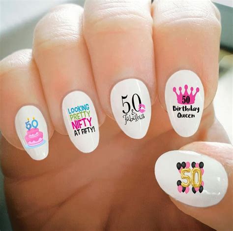 Nail Decals, 50th Birthday Nail Decals, Happy Birthday, Fifty, Balloons, Cake, Water Transfer ...