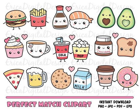 Perfect Match Kawaii Clipart Set Cute Food Clip Art Friendship Best Friend Love Valentine Funny ...