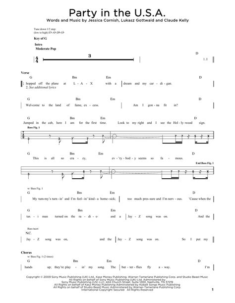 Party In The U.S.A. by Miley Cyrus Sheet Music for Easy Bass Tab at ...