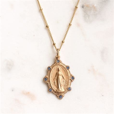 Gold Miraculous Medal Necklace, Swarovski Crystal Accents — Unique Catholic Jewelry - Telos Art