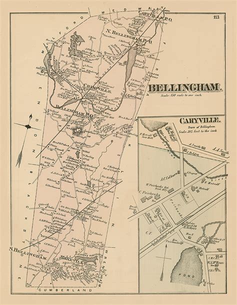 Town of BELLINGHAM Massachusetts 1876 Map Replica or | Etsy